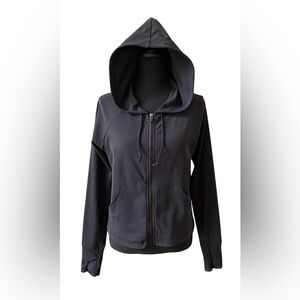 Fabletics: Activewear Elegant Black Hooded Zip Up Jacket with Thumb Holes